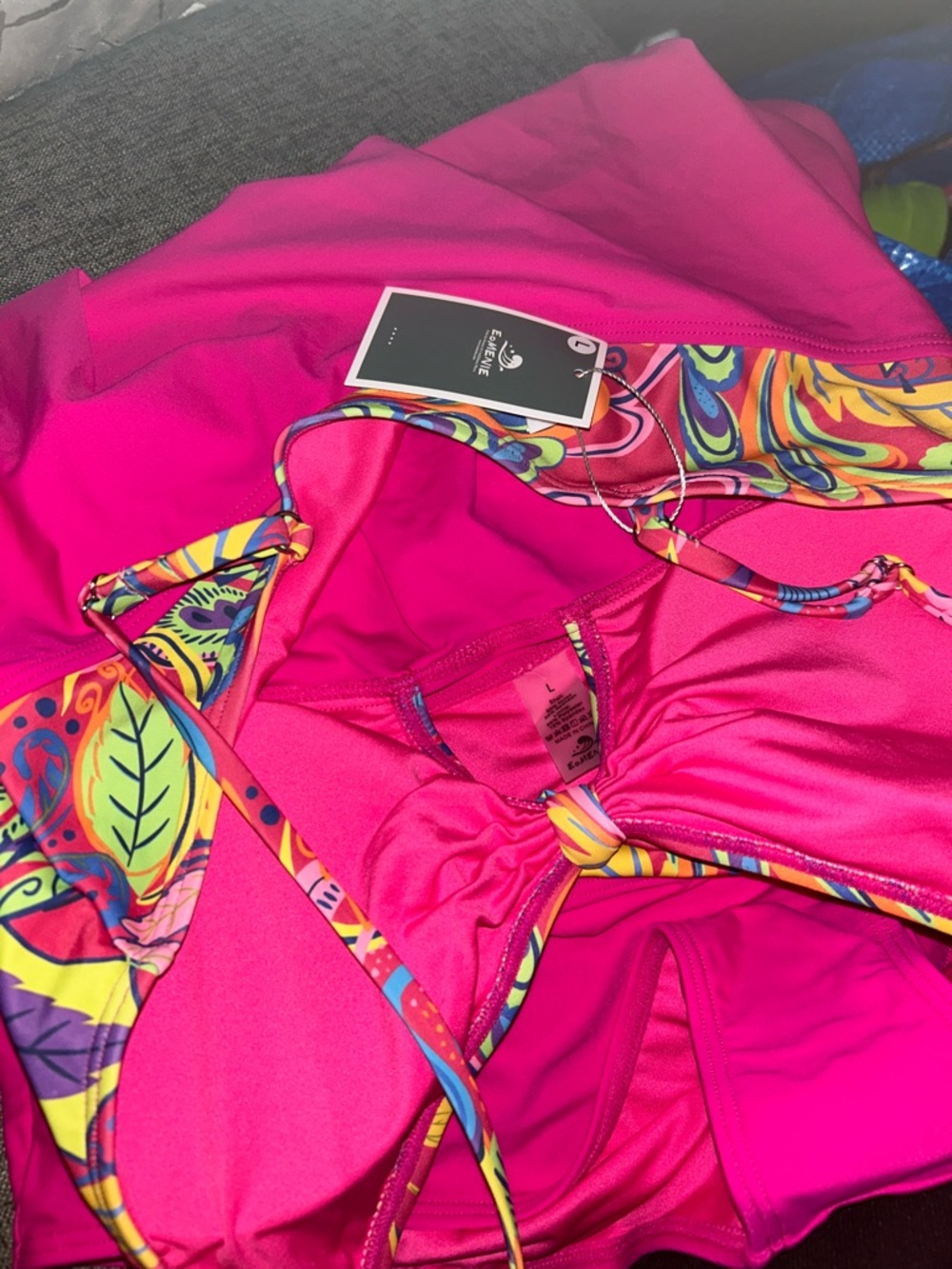 Bright Pink Two-Piece Tankini with Colorful Paisley Top - Picture 5 of 5